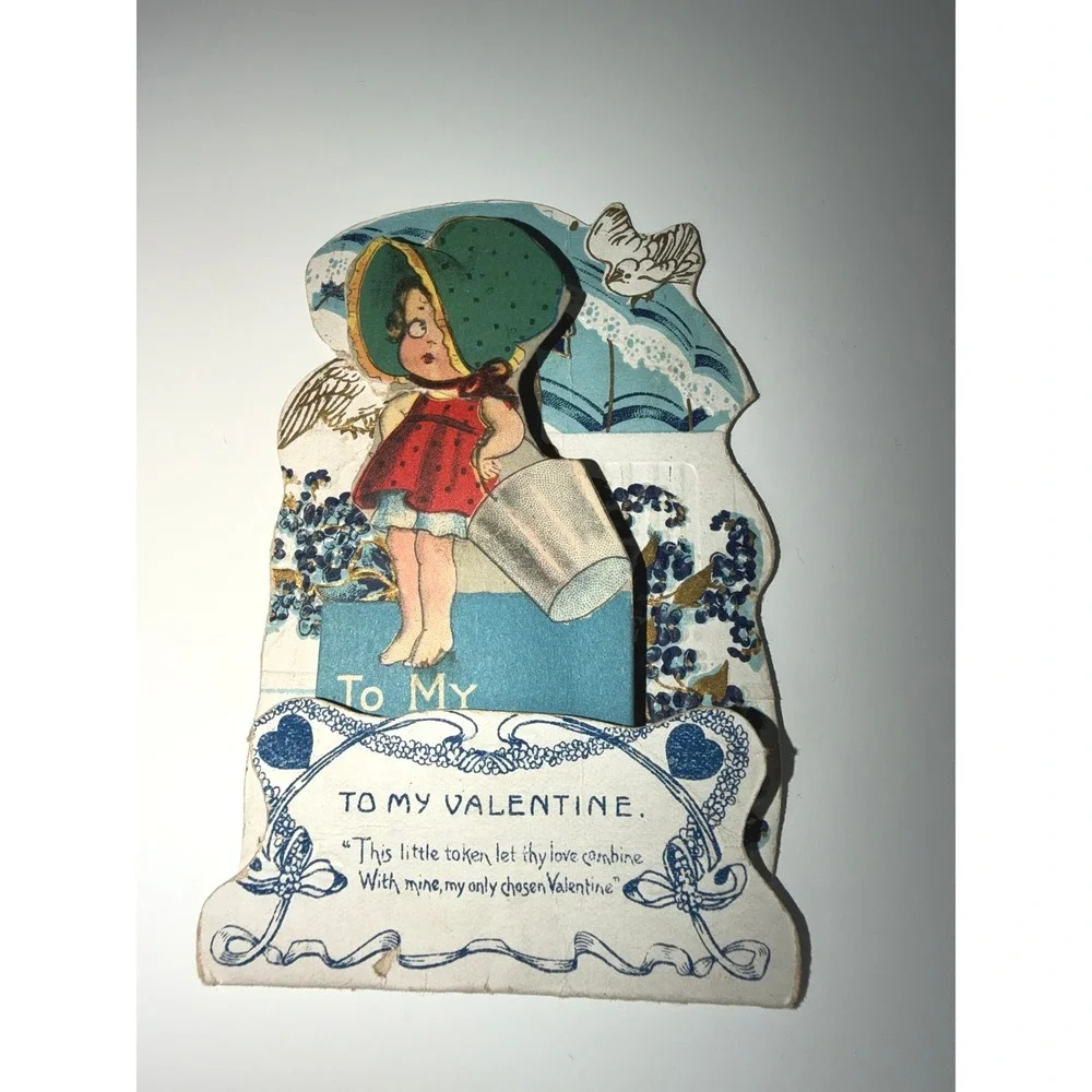 VTG Valentine Card Blue Girl with Pail Mechanical Pop Up Ephemera Junk Journal